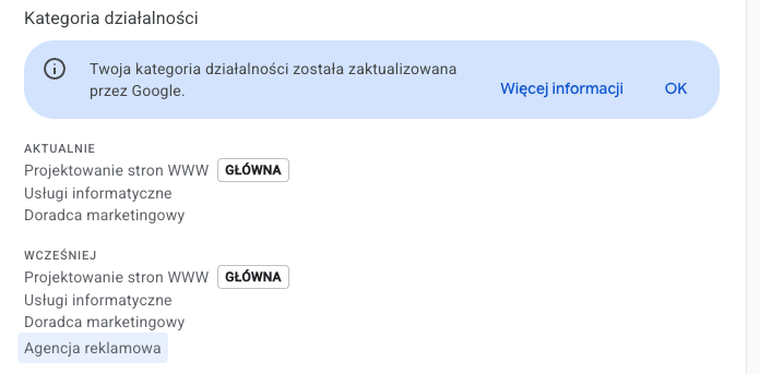 Sekcja Kategoria działalności z komunikatem, że Google zaktualizował kategorie i usunął kategorię Agencja reklamowa