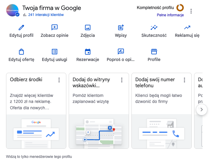Panel Twoja firma w Google z przyciskami Edytuj profil, Zobacz opinie, Edytuj usługi i Poproś o opinię