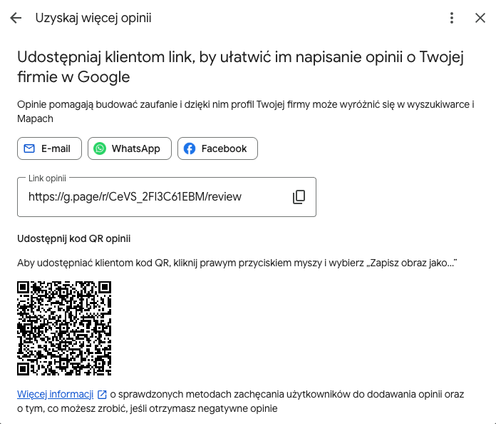 Okno Uzyskaj więcej opinii z linkiem do opinii Google, przyciskami E-mail, WhatsApp i Facebook oraz kodem QR