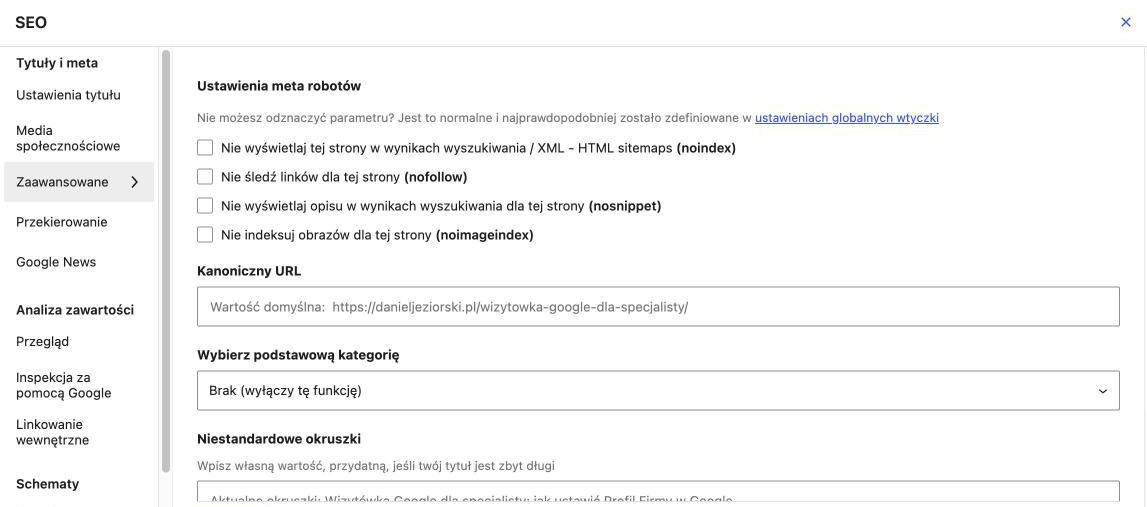 Zakładka Zaawansowane w panelu SEOPress przy wpisie: pola noindex, nofollow, nosnippet, noimageindex i adres kanoniczny